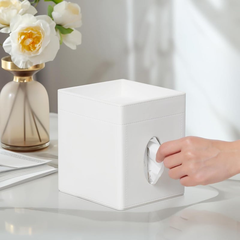 Cretkhp Tissue Box Cover, PU Leather Square Tissue Box Holder with Storage Tray for Bathroom Vanity Countertop Night Stands Bedroom Office Desk, Stylish Tissue Holder Decorative Organizer - Image 2
